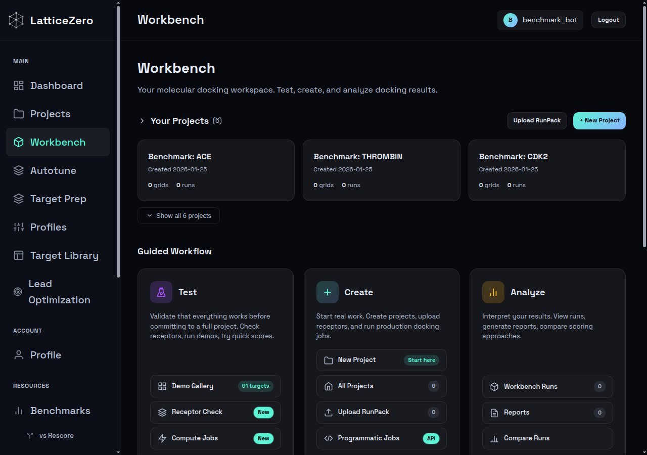 The workbench where you run docking and scoring jobs
